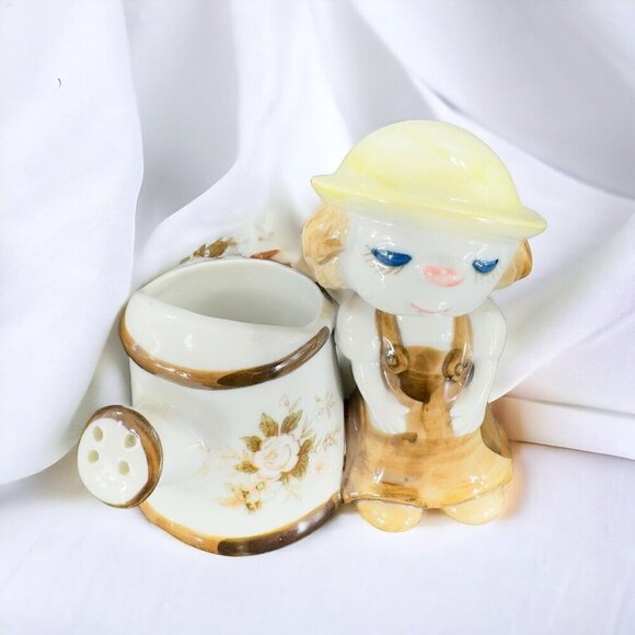 Vintage Whimsical Ceramic Girl With Watering Can Planter Flower Vase Porcelain - Picture 3 of 16